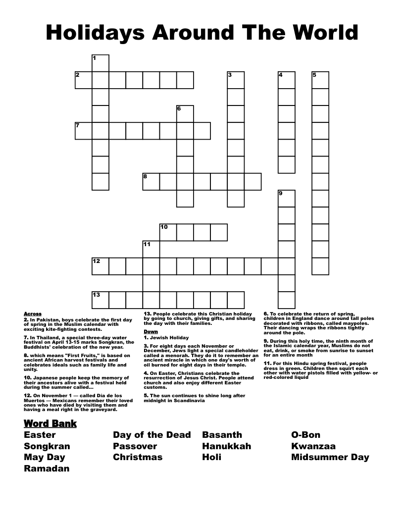 Holidays Around The World Crossword WordMint Holidays Around The World Crossword WordMint