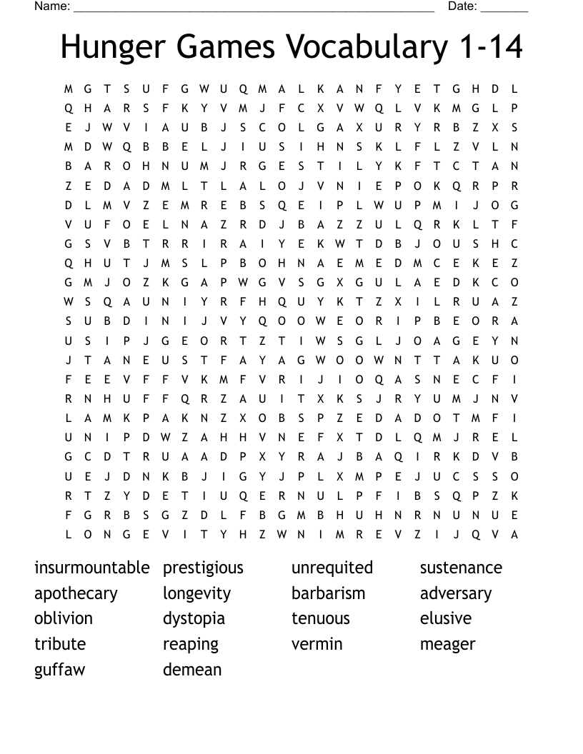 Hunger Games Vocabulary 1 14 Word Search WordMint