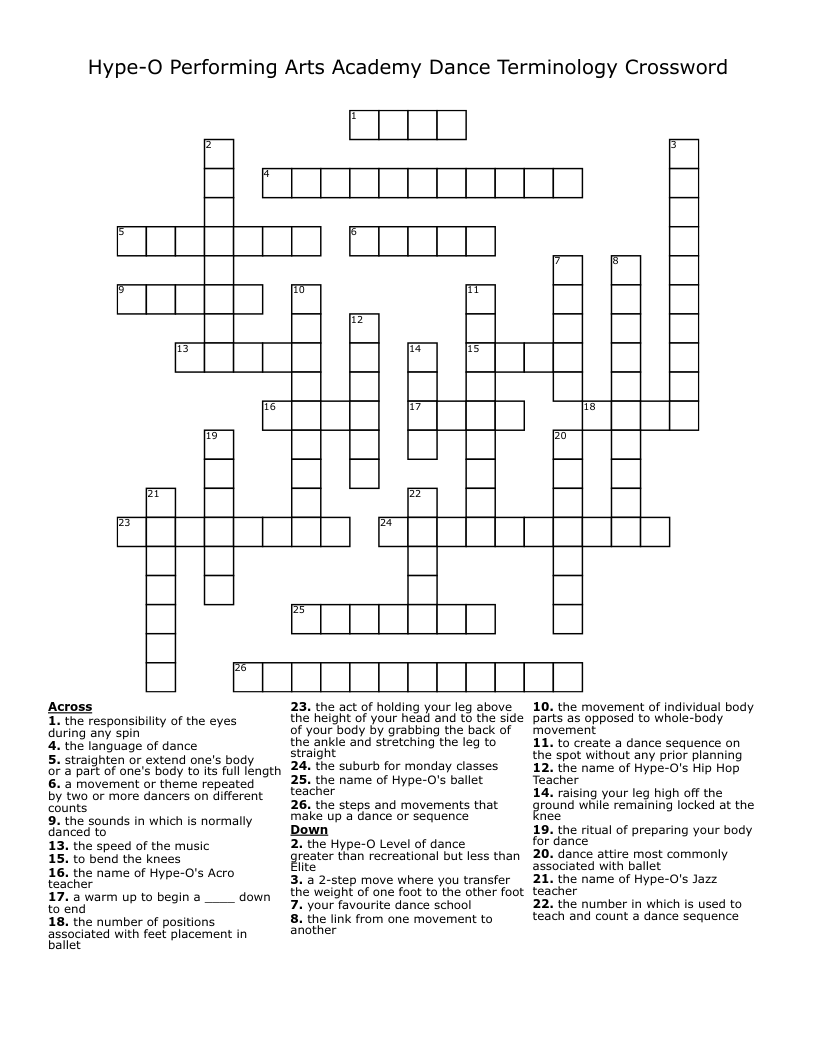 Hype O Performing Arts Academy Dance Terminology Crossword WordMint