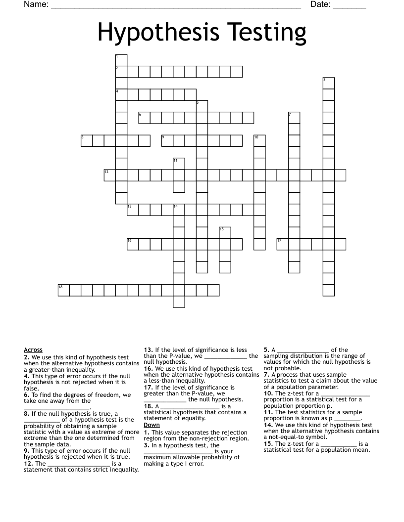 Hypothesis Testing Crossword WordMint Hypothesis Testing Crossword WordMint