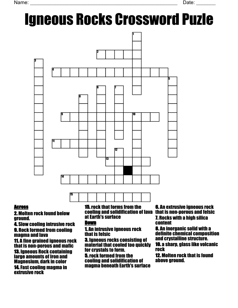 Igneous Rocks Crossword Puzle WordMint