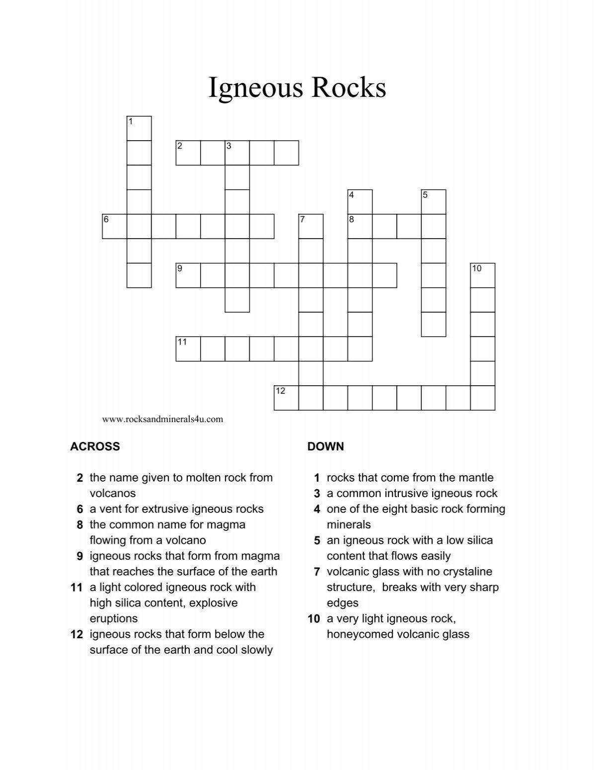 Igneous Rocks Crossword Puzzle
