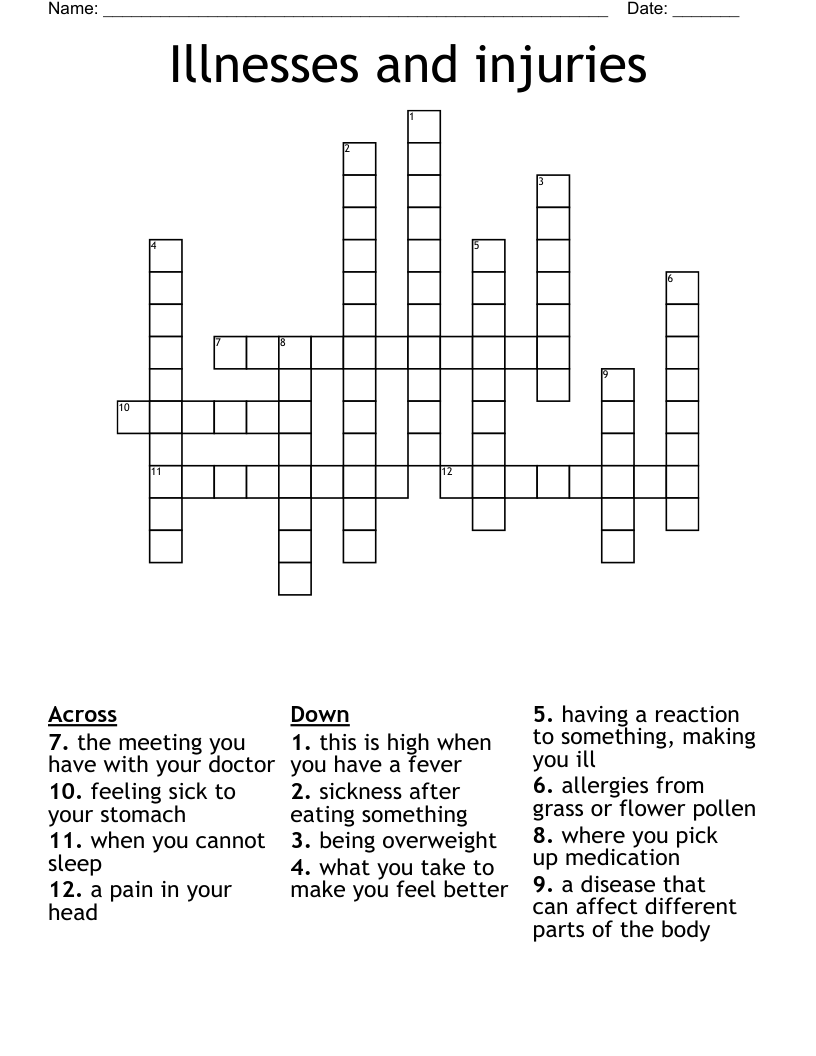 Illnesses And Injuries Crossword WordMint