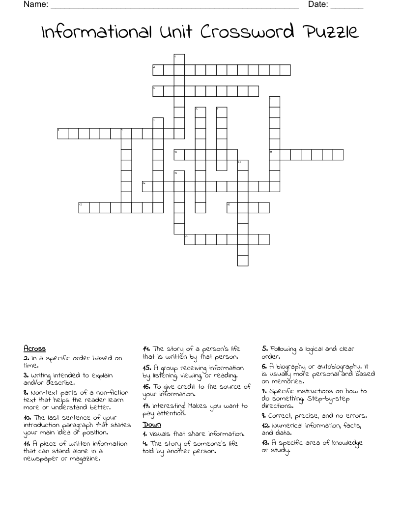 Informational Unit Crossword Puzzle WordMint Informational Unit Crossword Puzzle WordMint