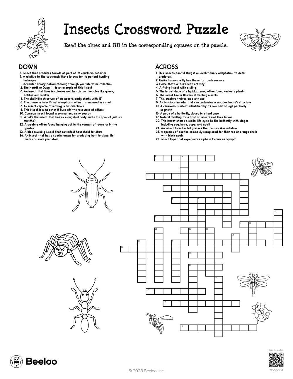 Insects Crossword Puzzle Beeloo Printable Crafts And Activities For Kids