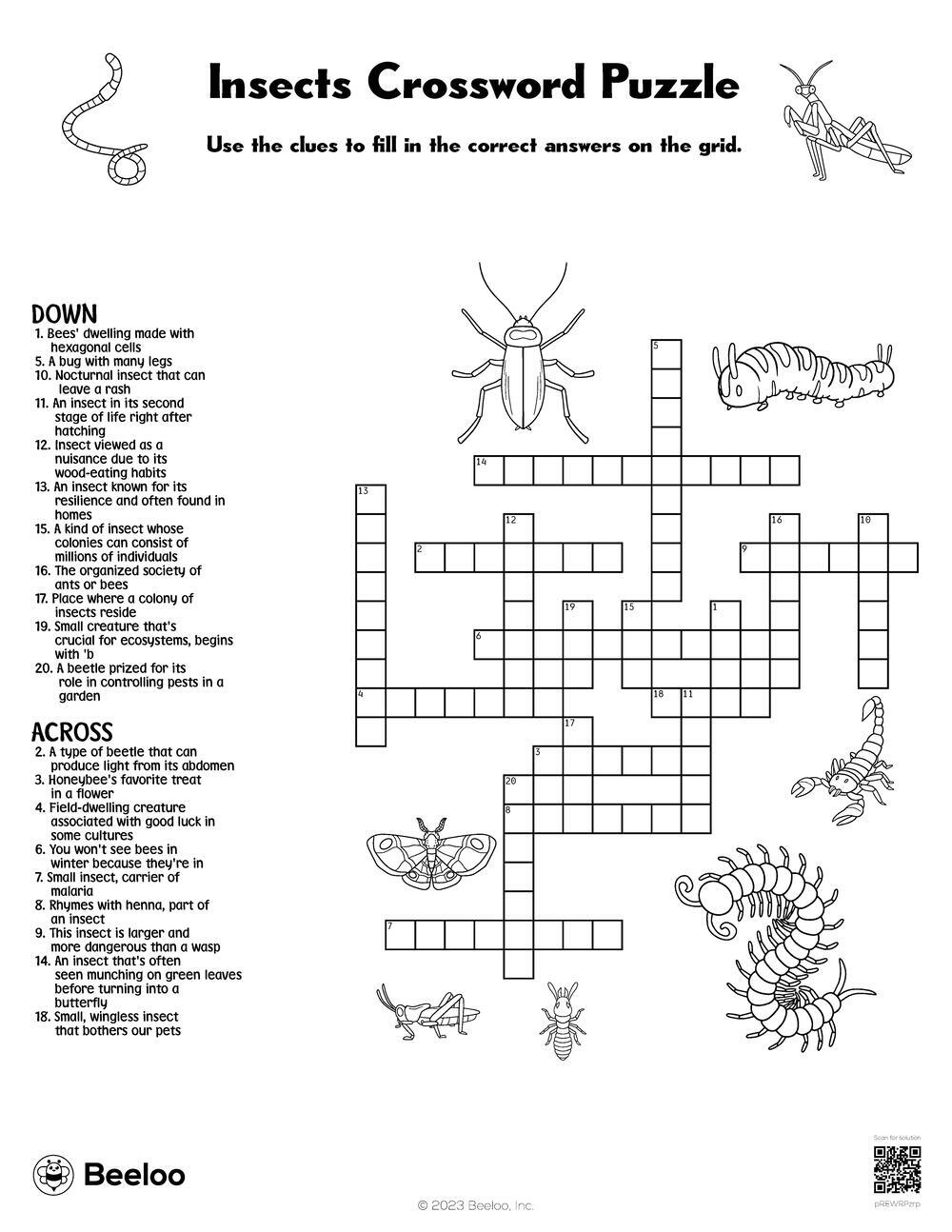 Insects Crossword Puzzle Beeloo Printable Crafts And Activities For Kids
