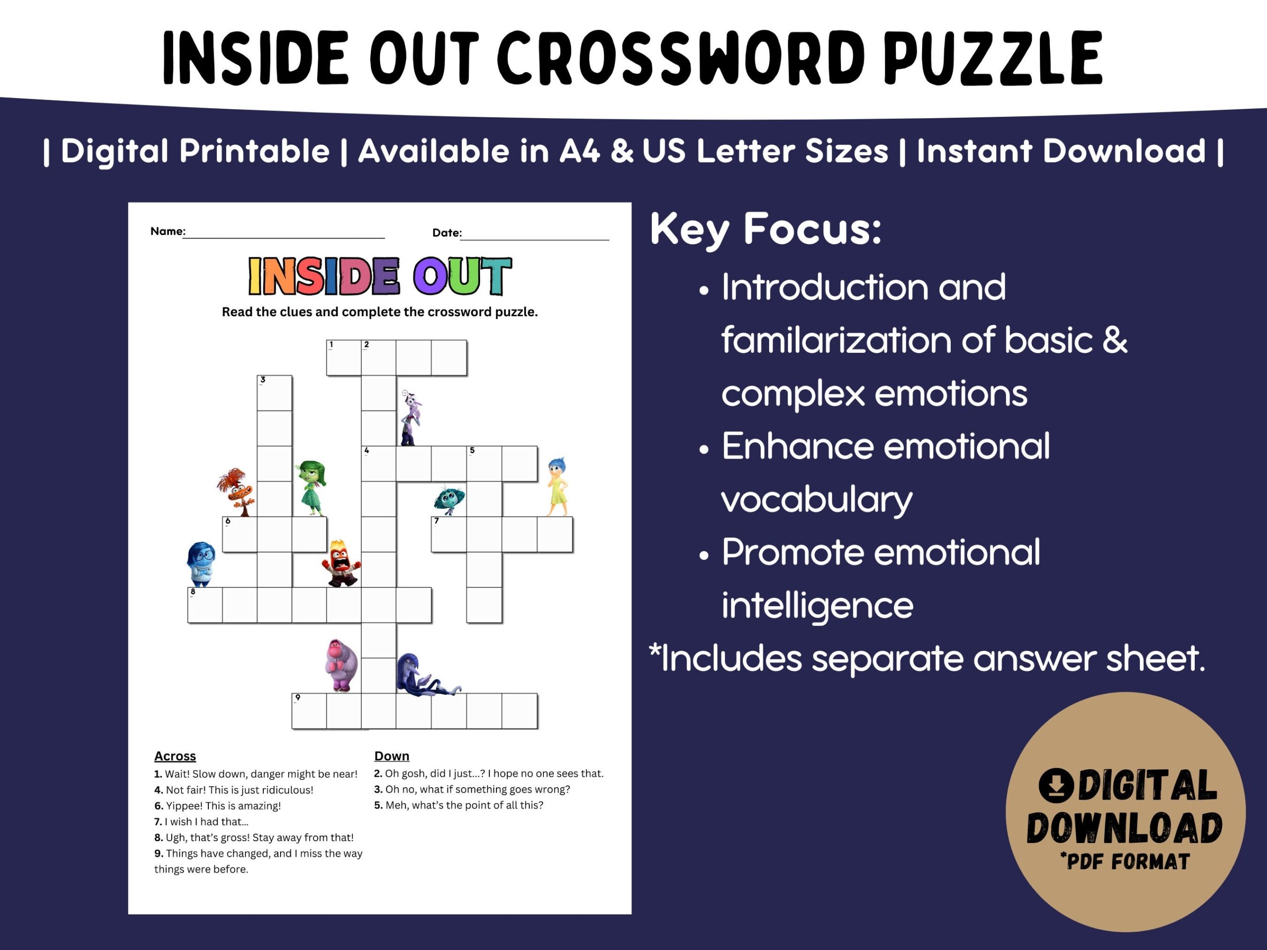Inside Out 2 Worksheet Feelings Crossword Puzzle Activity digital Printable Etsy New Zealand