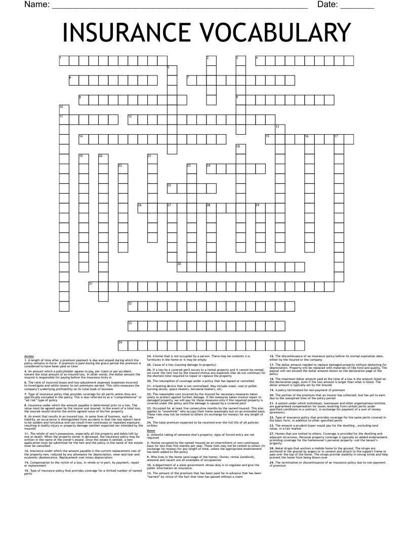 INSURANCE VOCABULARY Crossword WordMint INSURANCE VOCABULARY Crossword WordMint