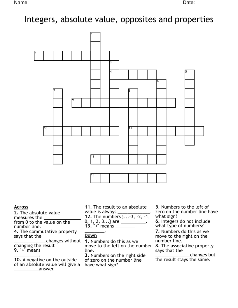 Integers Absolute Value Opposites And Properties Crossword WordMint
