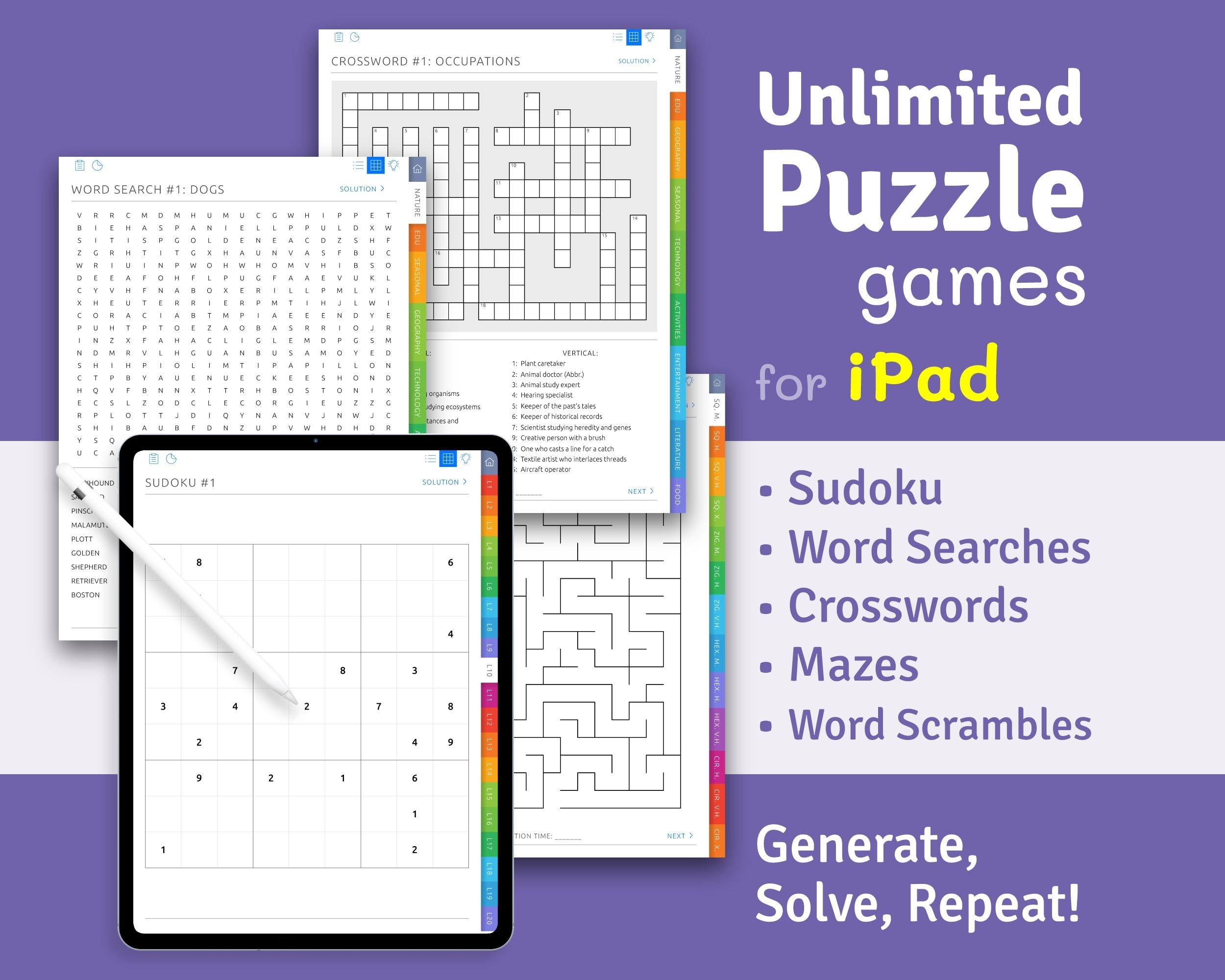 IPad Puzzle Games Unlimited Sudoku Crossword Maze hyperlinked PDF Etsy