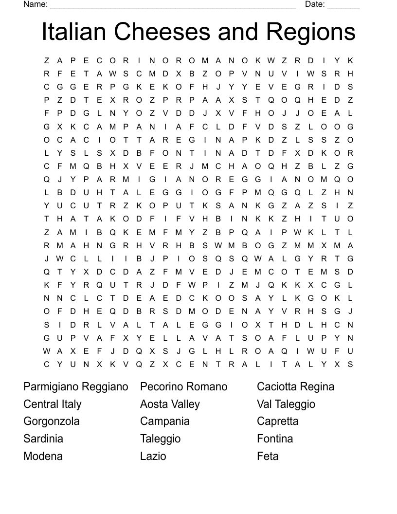 Italian Cheeses And Regions Word Search WordMint