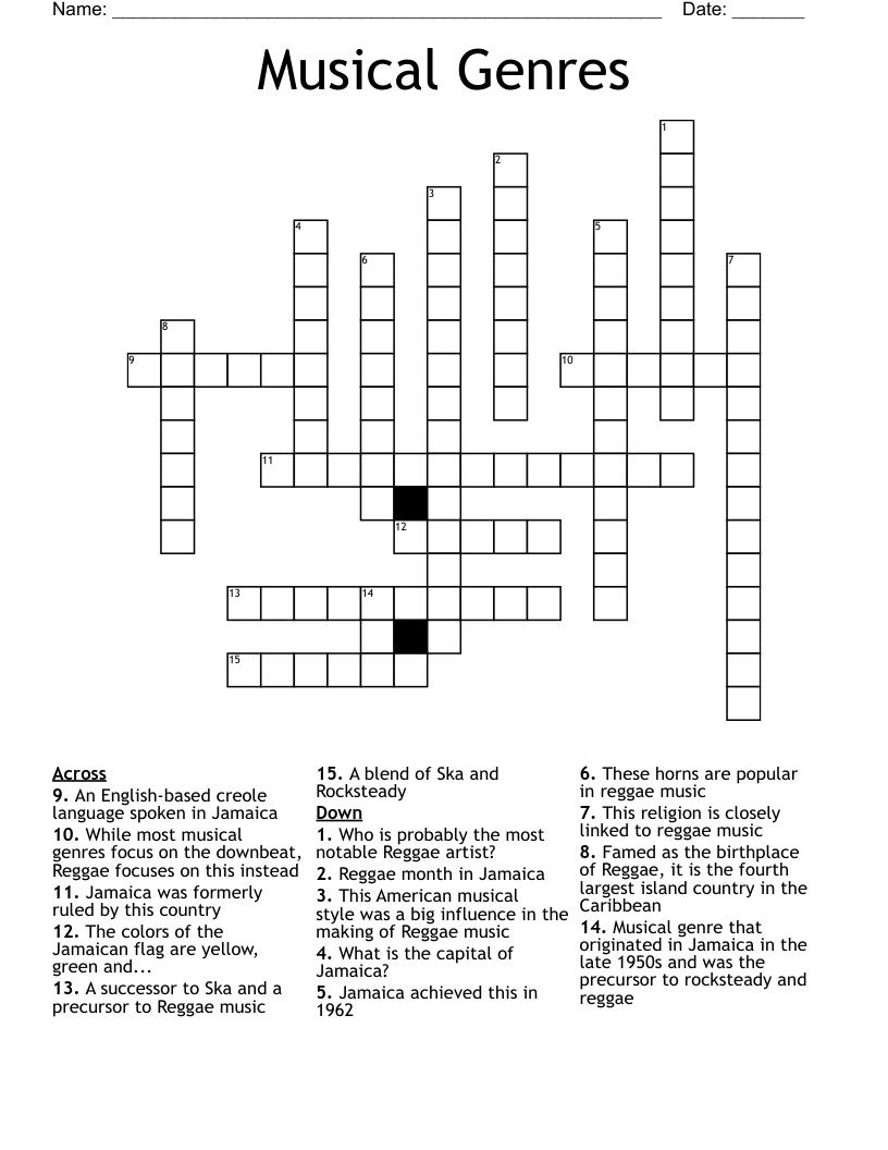 Jamaican Music Genre Crossword Free Printable Crossword