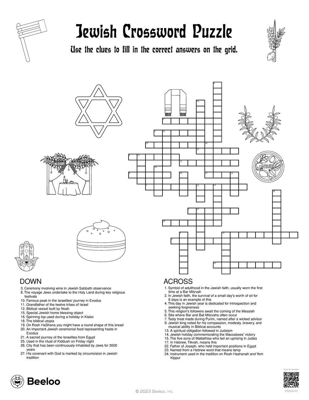 Jewish Crossword Puzzle Beeloo Printable Crafts And Activities For Kids