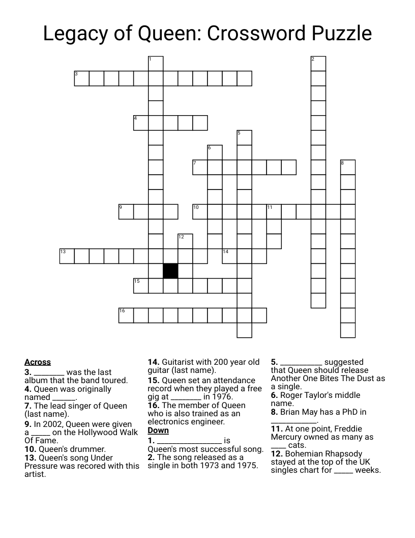 Legacy Of Queen Crossword Puzzle WordMint