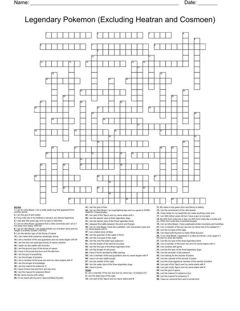 Legendary Pokemon Excluding Heatran And Cosmoen Crossword WordMint