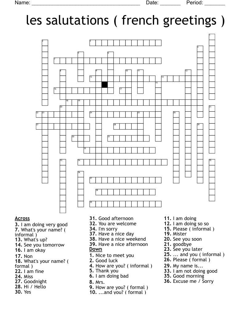 Les Salutations French Greetings Crossword WordMint