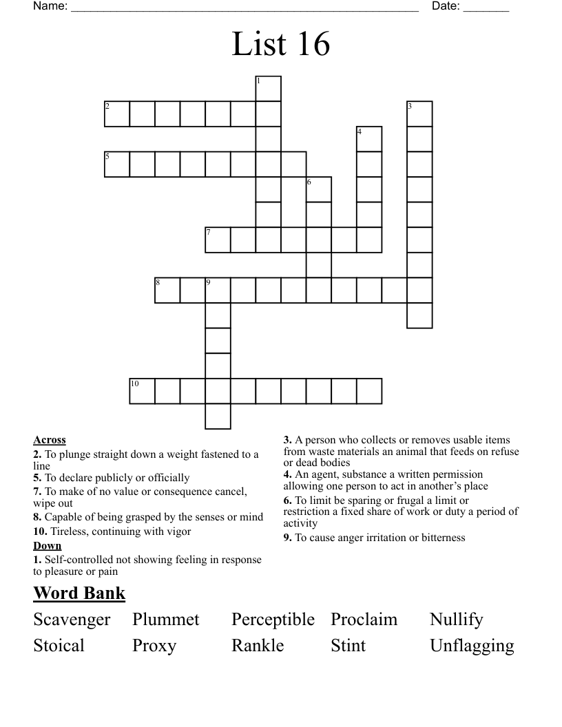 List 16 Crossword WordMint List 16 Crossword WordMint