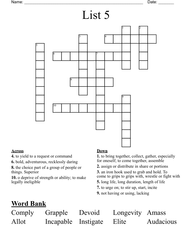 List 5 Crossword WordMint