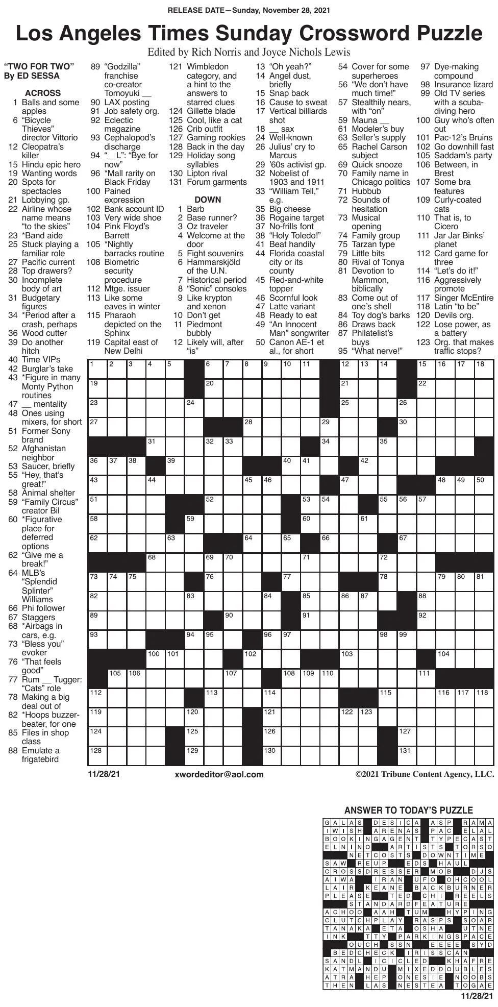 Los Angeles Times Sunday Crossword Puzzle