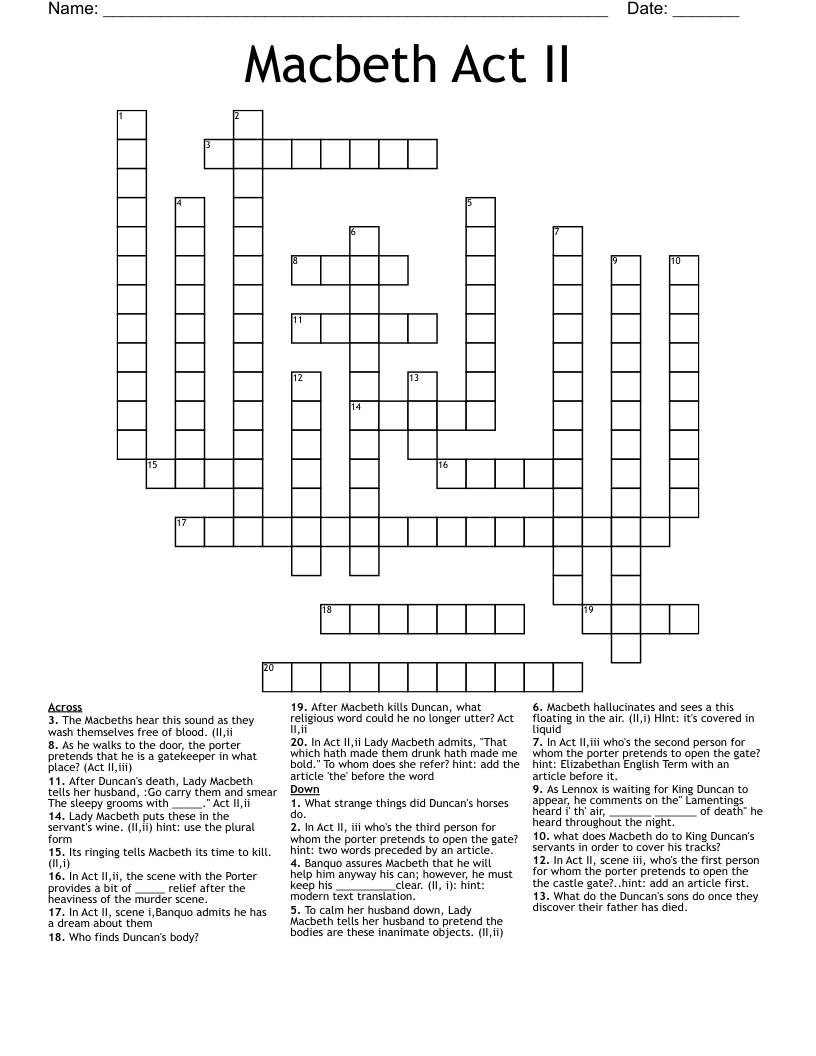 Macbeth Act II Crossword WordMint
