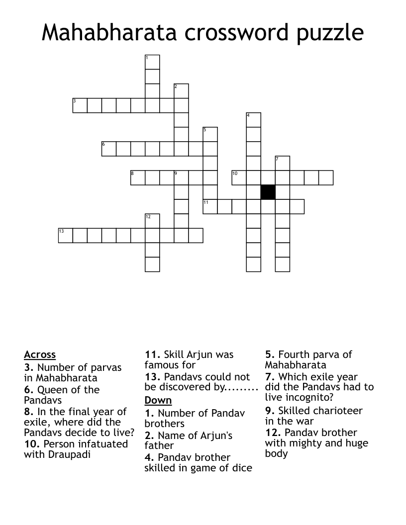 Mahabharata Crossword Puzzle WordMint Mahabharata Crossword Puzzle WordMint