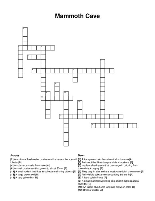 Mammoth Cave Crossword Puzzle