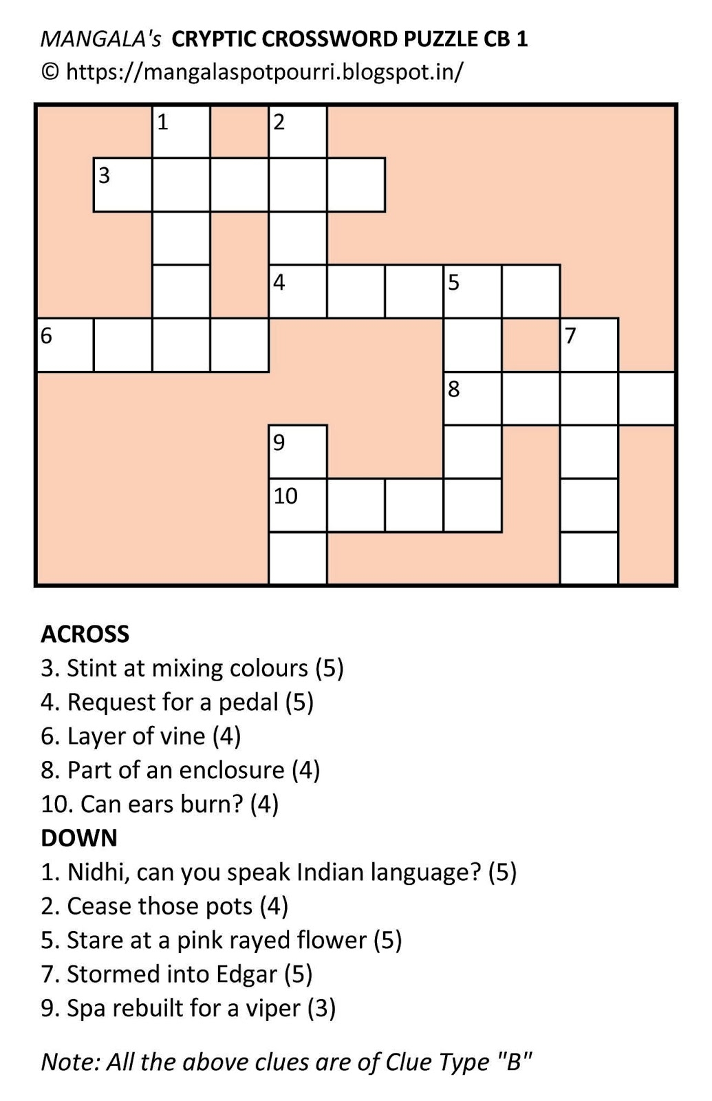 Mangala s Potpourri Mangala s Cryptic Crossword Puzzle CB 1 Mangala s Potpourri Mangala s Cryptic Crossword Puzzle CB 1