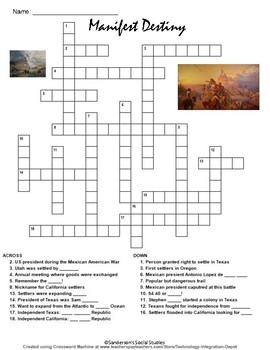 Manifest Destiny Crossword Puzzle Worksheet By Sanderson 39 s Social Studies