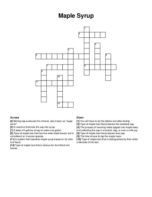 Maple Syrup Crossword Puzzle Maple Syrup Crossword Puzzle
