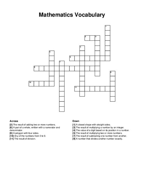 Mathematics Vocabulary Crossword Puzzle Mathematics Vocabulary Crossword Puzzle