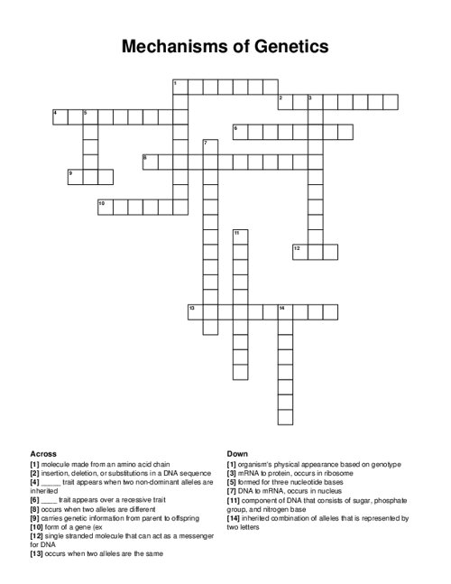 Mechanisms Of Genetics Crossword Puzzle