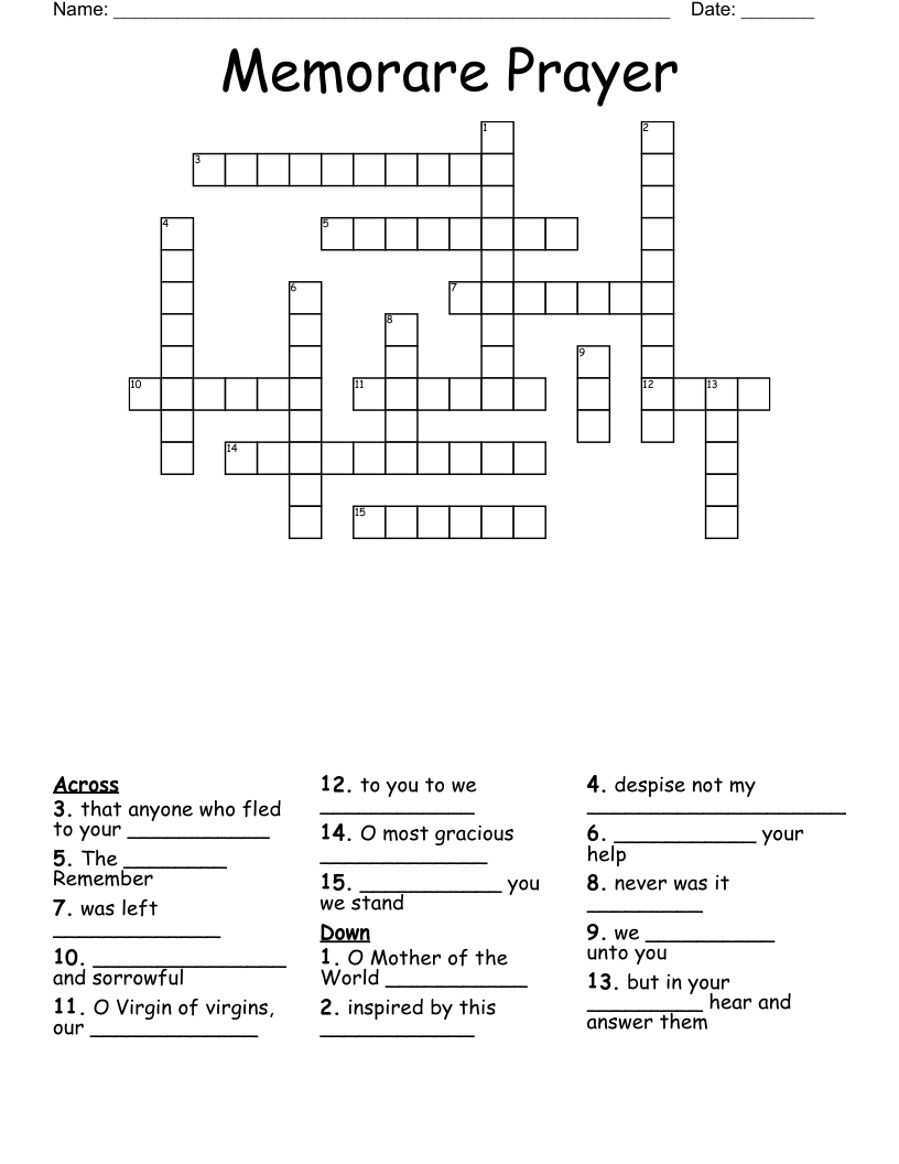 Memorare Prayer Worksheet WordMint
