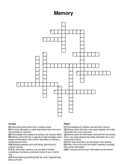 Memory Crossword Puzzle Memory Crossword Puzzle