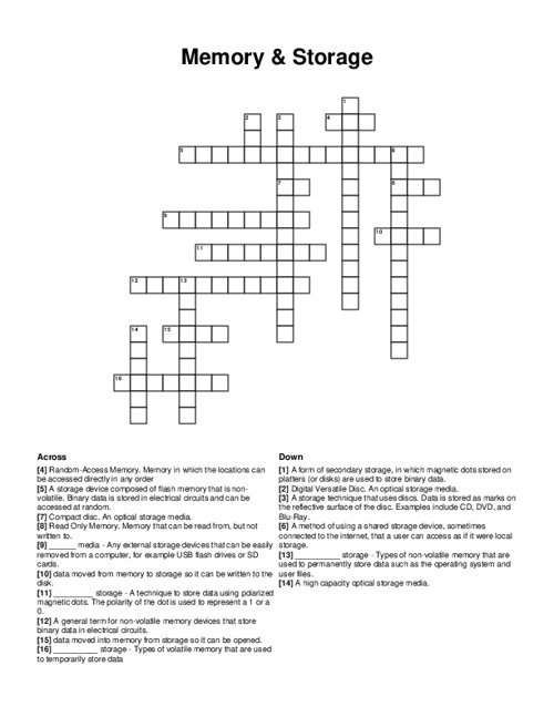 Memory Storage Crossword Puzzle Memory Storage Crossword Puzzle