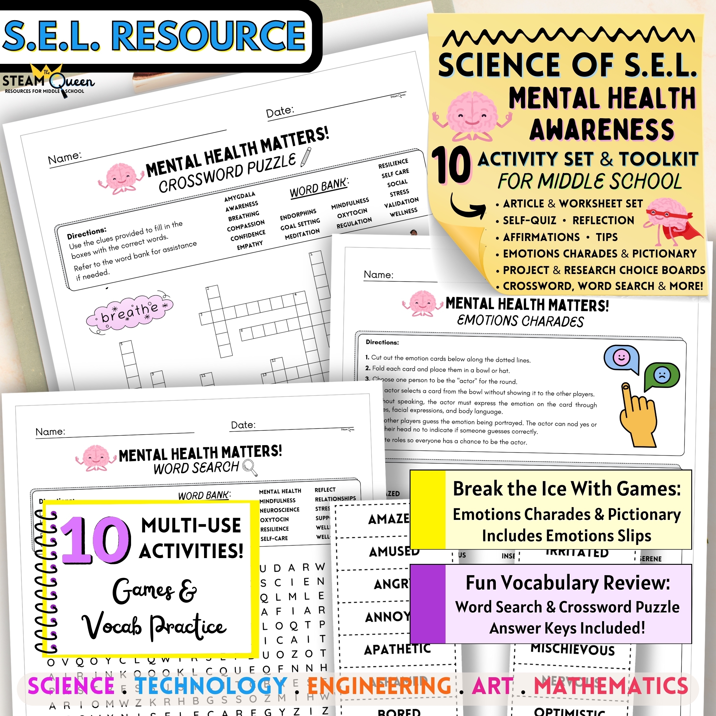 Mental Health Awareness Month 10 Activity Set For Middle School Includes Article Set Affirmations Reflections Self Quiz Tips And Tools For Teens And Tweens Games Charades Crossword And More Mental Health Awareness Month
