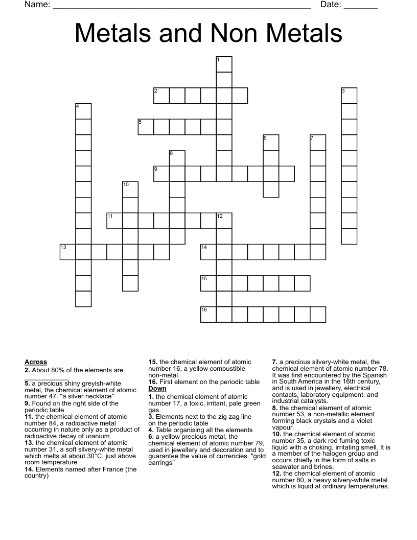 Metals And Non Metals Crossword WordMint