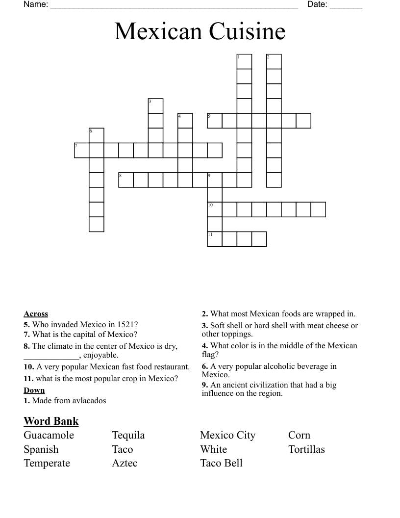 Mexican Cuisine Crossword WordMint Mexican Cuisine Crossword WordMint