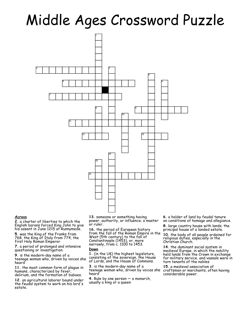 Middle Ages Crossword Puzzle WordMint