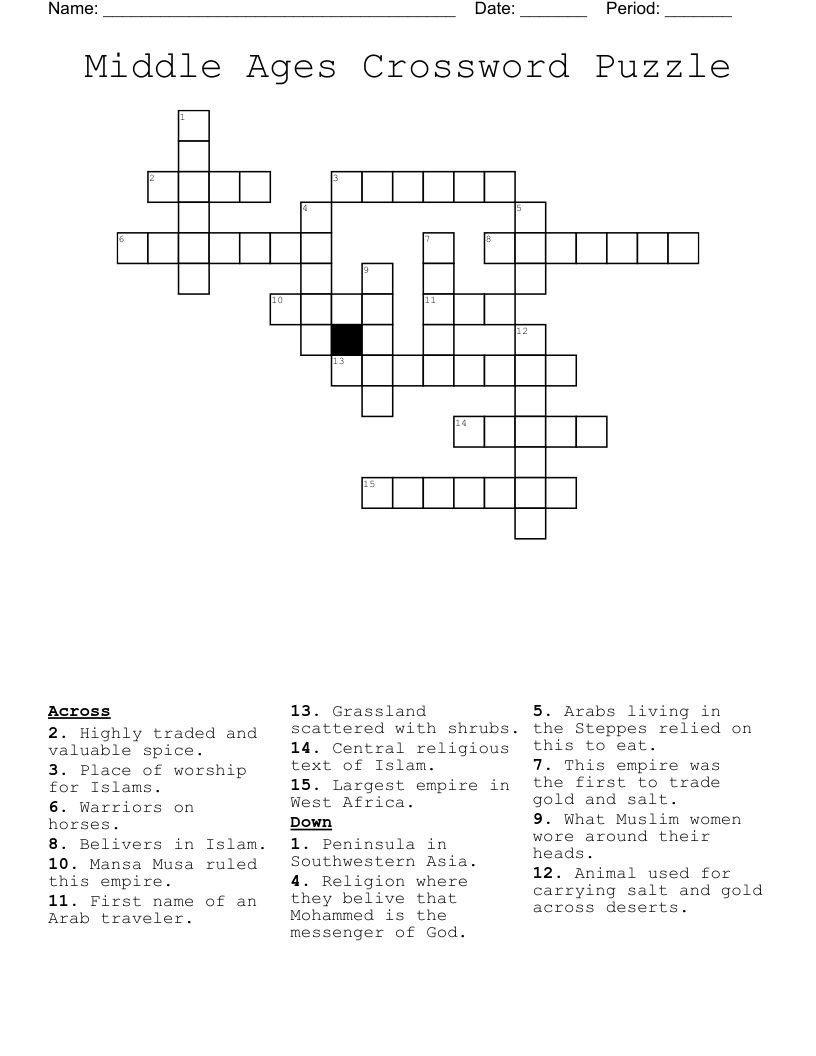 Middle Ages Crossword Puzzle WordMint