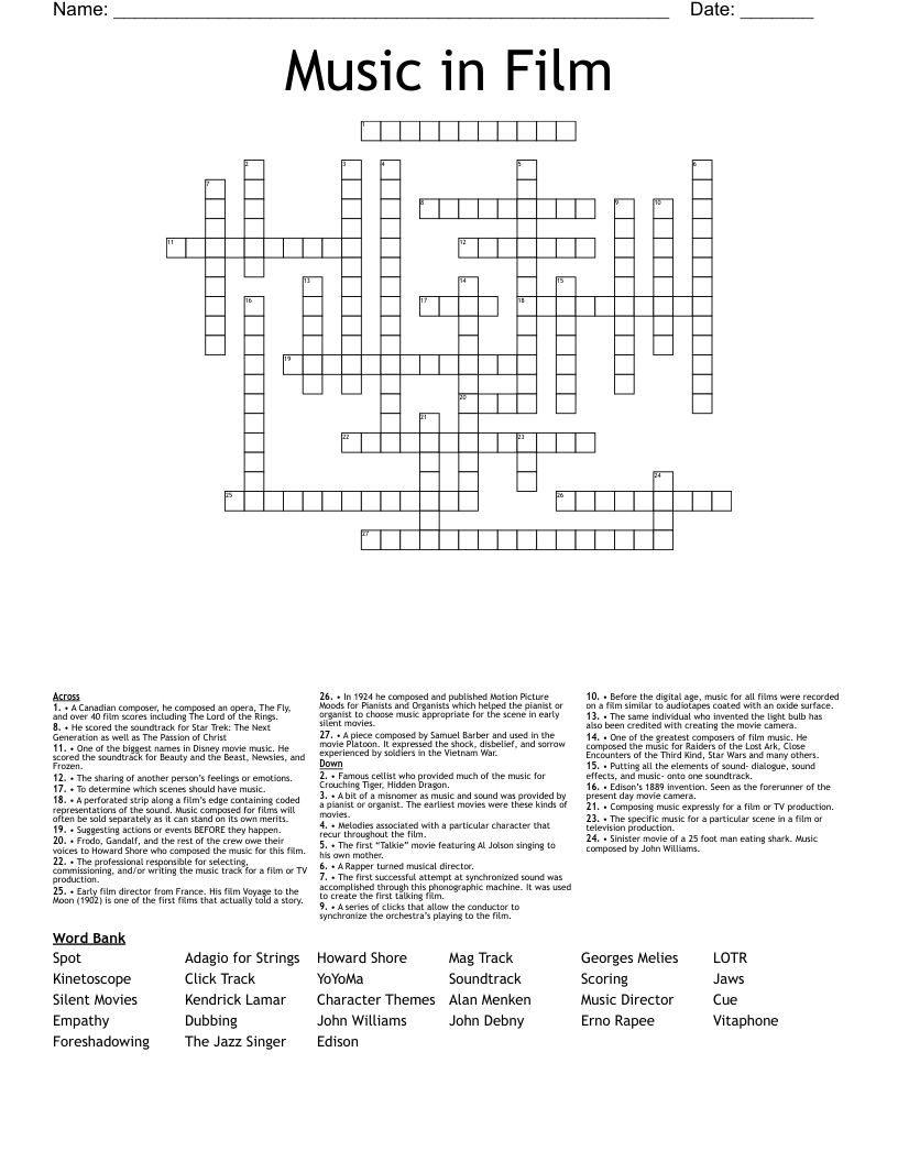 Music In Film Crossword WordMint