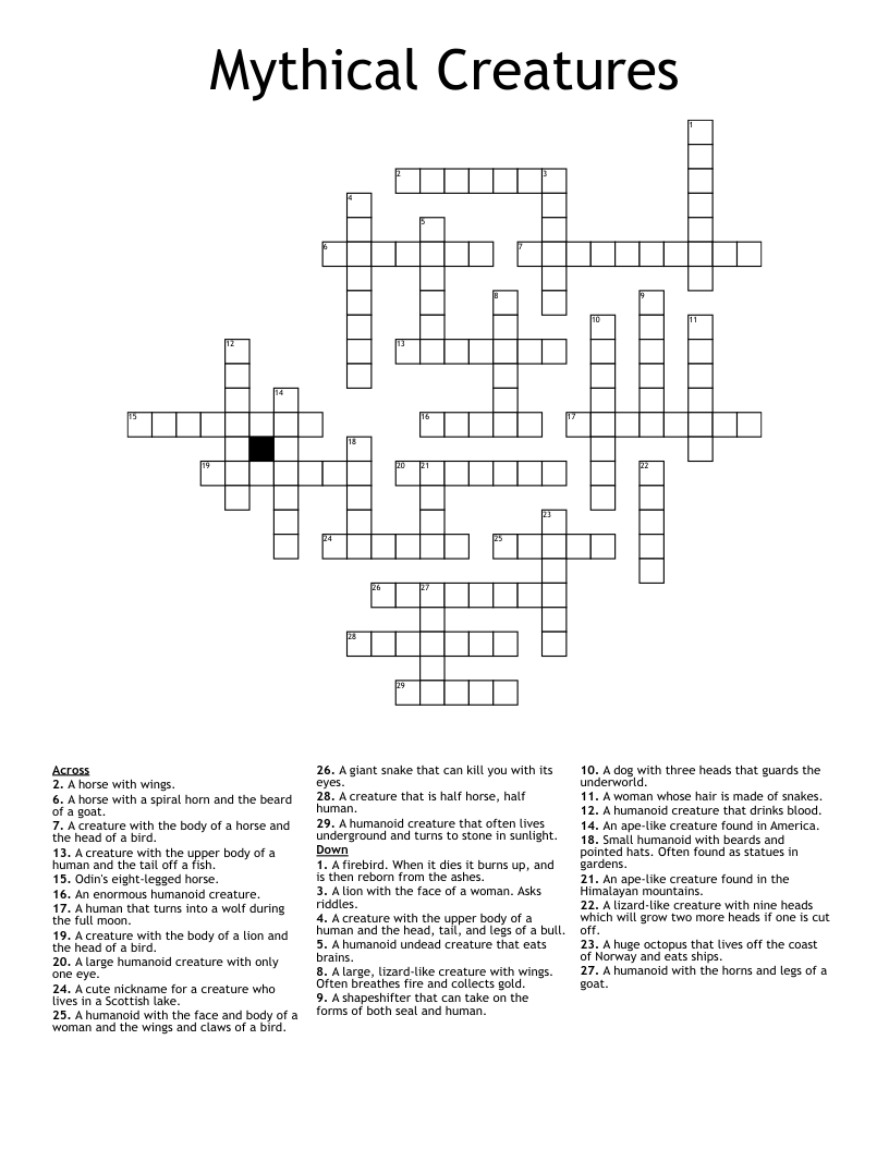 Mythical Creatures Crossword WordMint