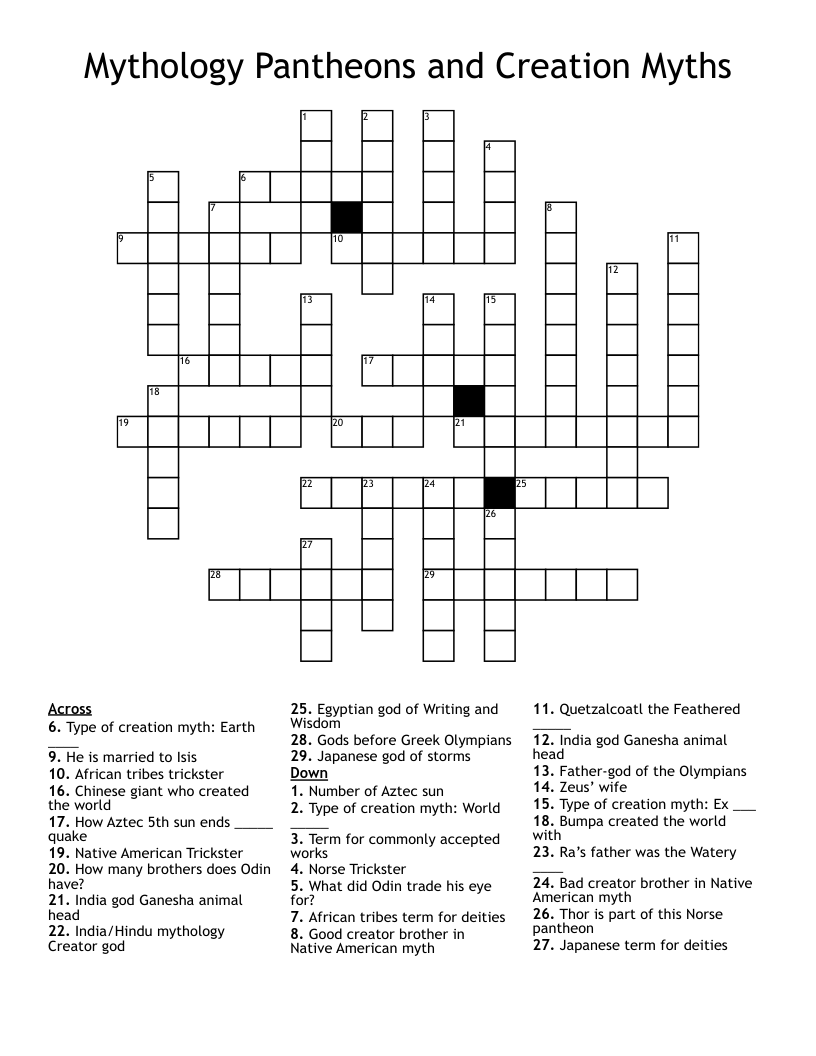 Mythology Pantheons And Creation Myths Crossword WordMint