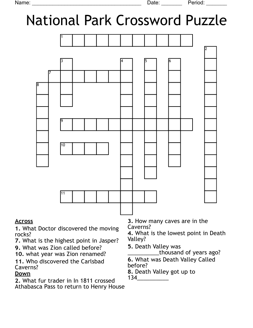National Park Crossword Puzzle WordMint