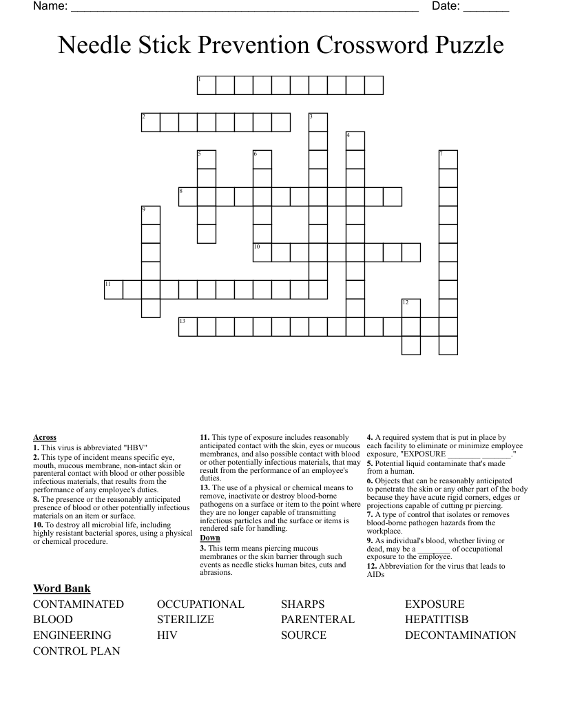 Needle Stick Prevention Crossword Puzzle WordMint