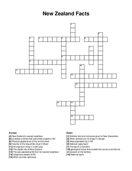 New Zealand Facts Crossword Puzzle