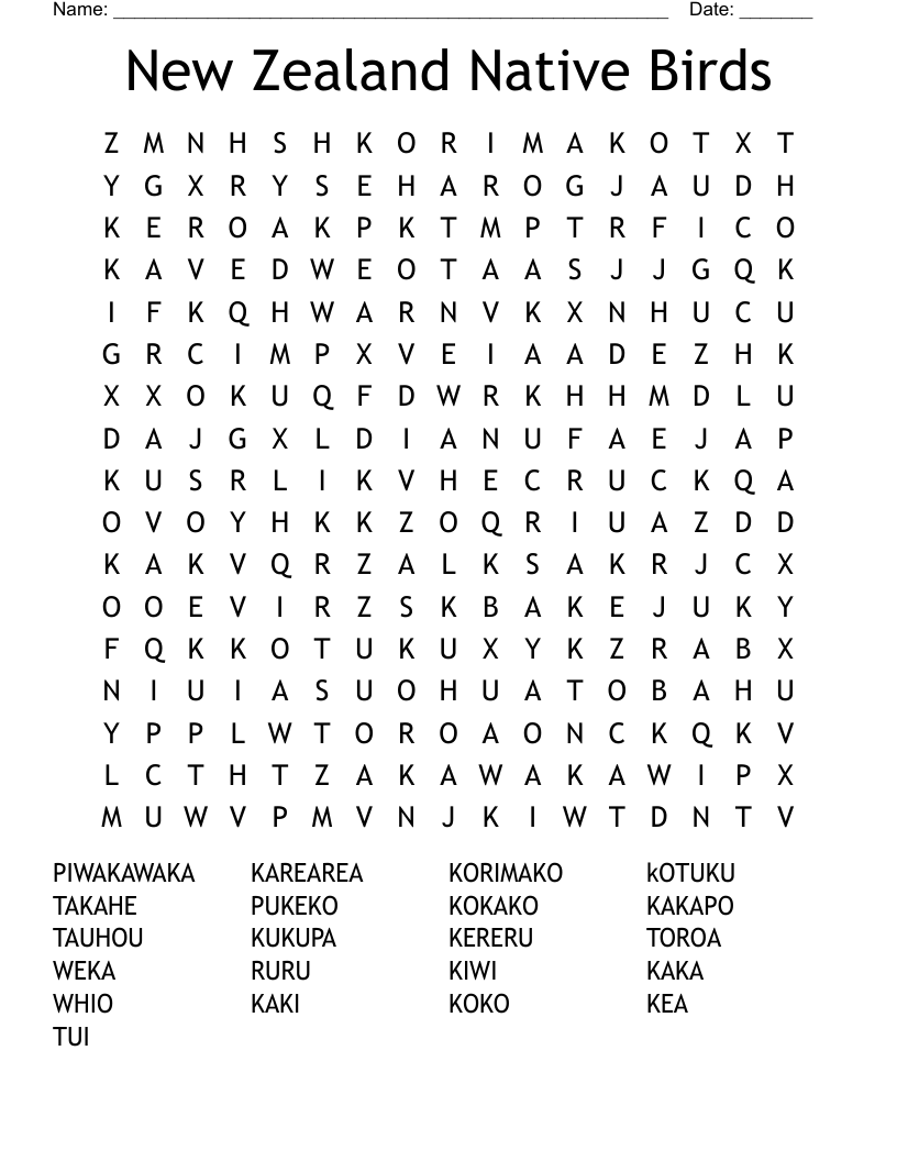 New Zealand Native Birds Word Search WordMint New Zealand Native Birds Word Search WordMint