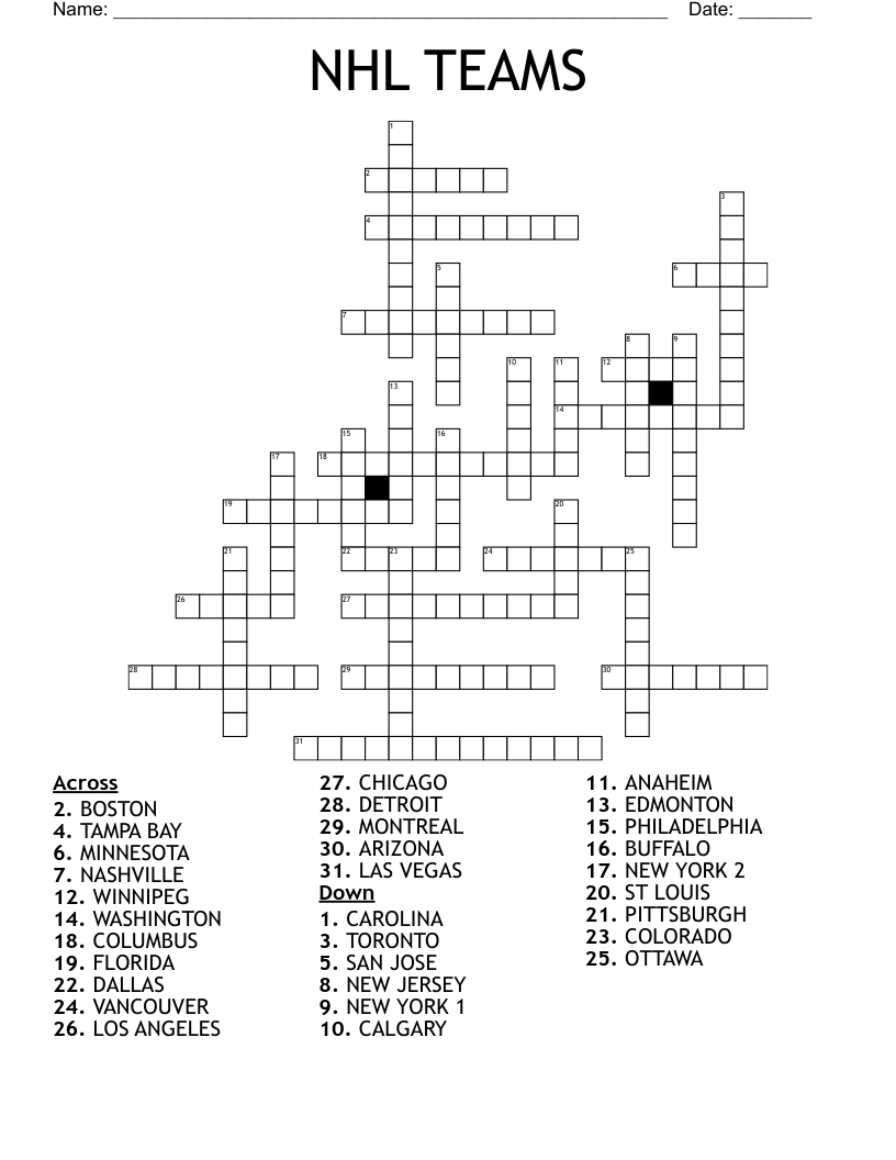 NHL TEAMS Crossword WordMint NHL TEAMS Crossword WordMint