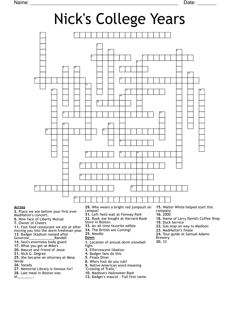 Nick s College Years Crossword WordMint Nick s College Years Crossword WordMint