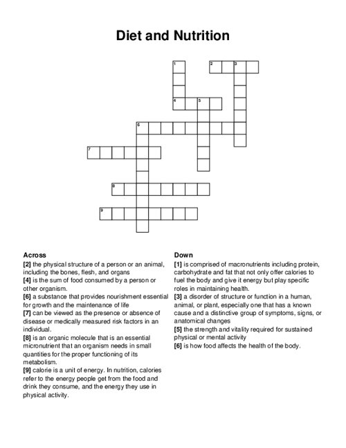 Nutrition Crossword Puzzle