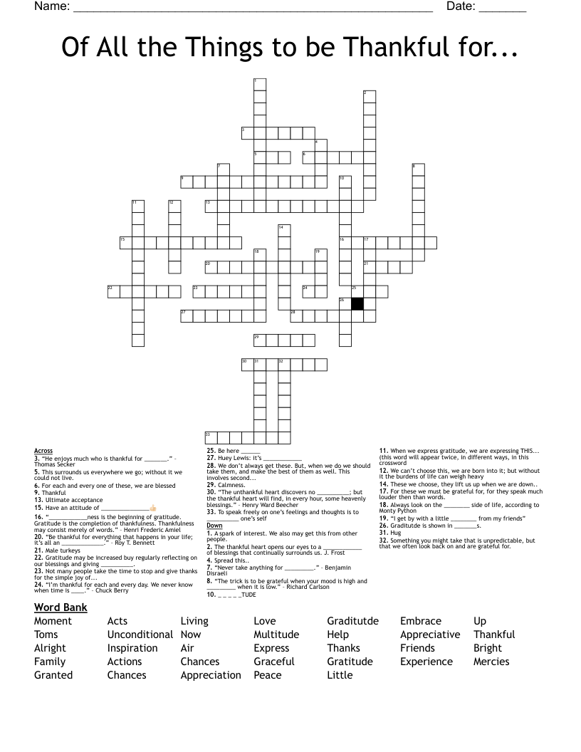 Of All The Things To Be Thankful For Crossword WordMint